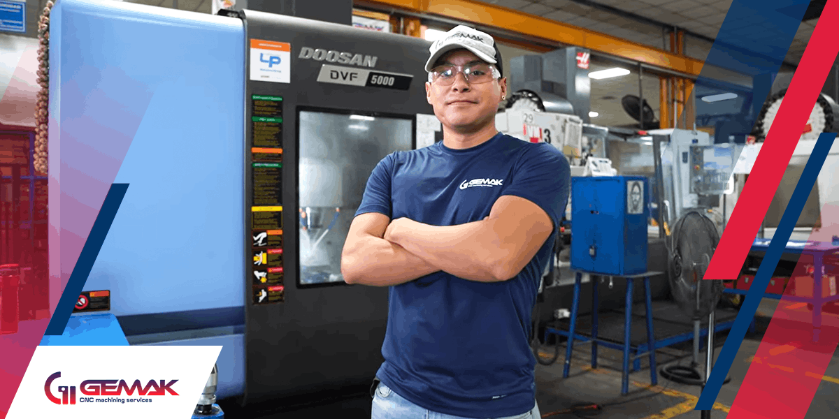 gemak empresa de maquinado CNC empleado de empresa de maquinado cnc de precisión gemak con maquina cnc de fondo